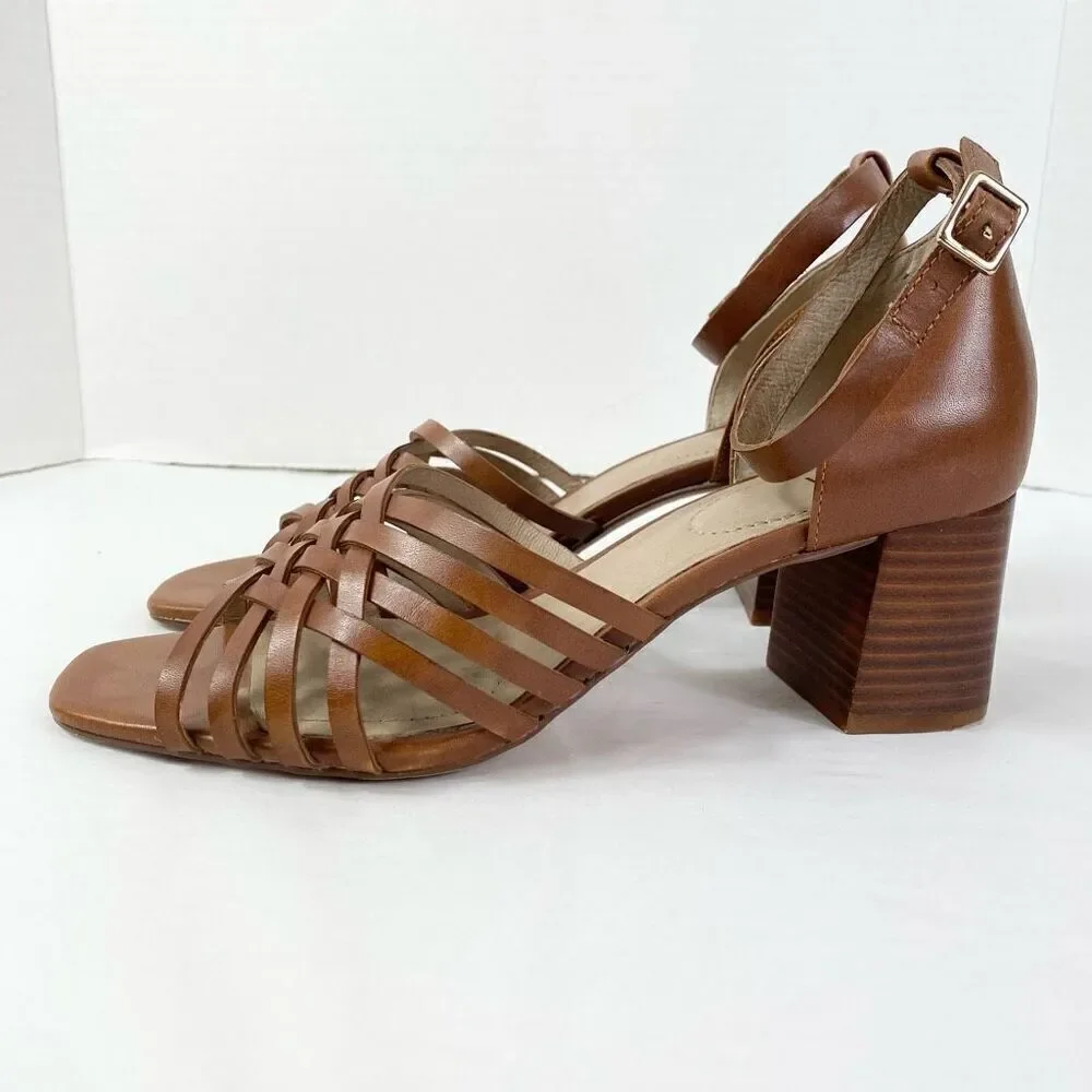J. Jill Brown Strappy Genuine Leather Block Heeled Open Toe Sandals Size 8 - Picture 2 of 10